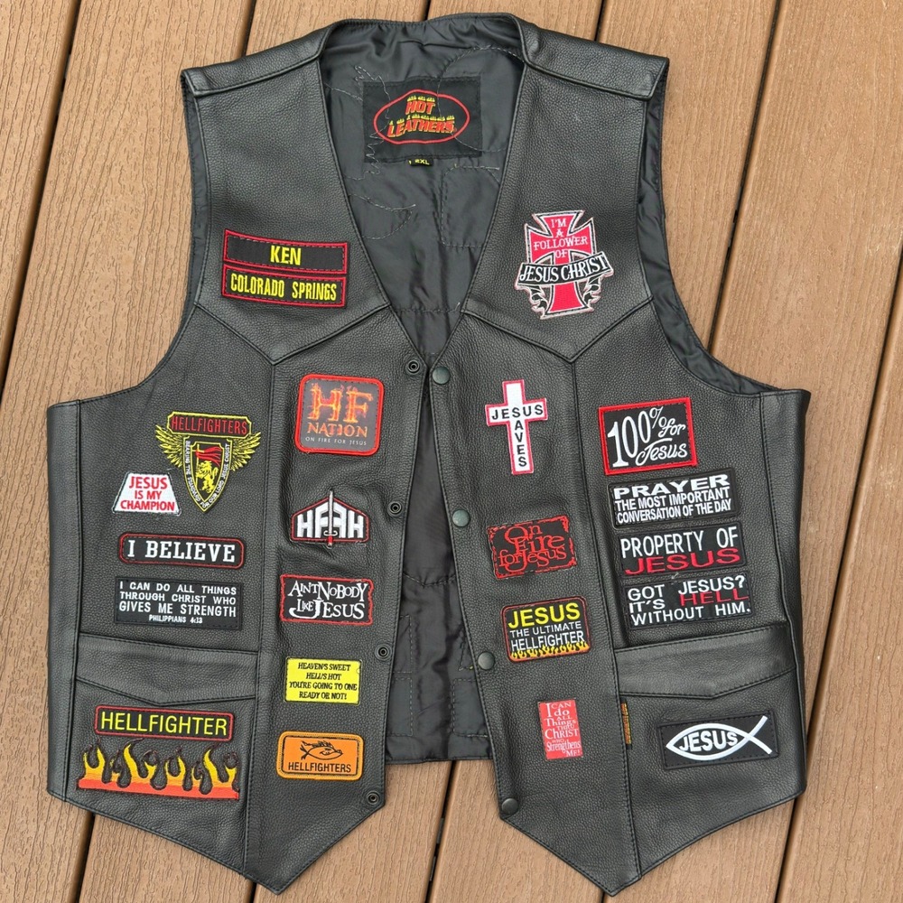 Christian Leather Biker Vest 47 Patches Men's Size 2XL Harley HOG Motorcycle BFC